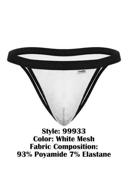 White mesh thong bikini with black elastic trim and small brand tag by candyman 99933 in white mesh