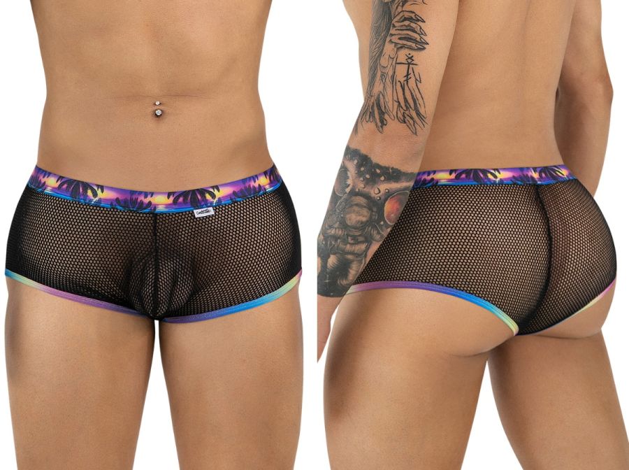 Black mesh briefs with vibrant iridescent rainbow trim on waistband and leg openings candyman 99934 trunks color black
