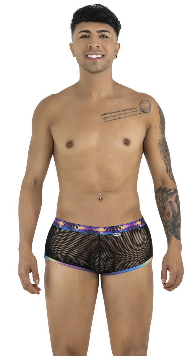 Black mesh briefs CandyMan 99934 trunks with vibrant purple and blue tropical print waistband