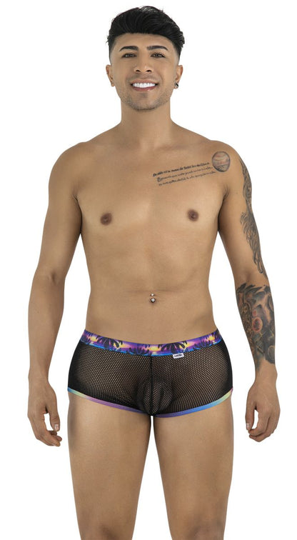 Black mesh briefs CandyMan 99934 trunks with vibrant purple and blue tropical print waistband