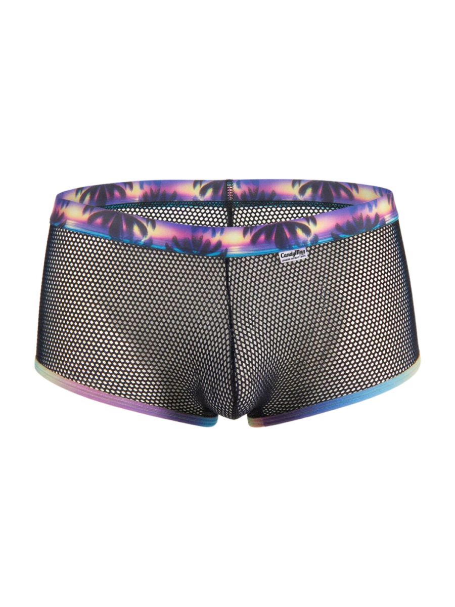 Black mesh swim trunks candyman 99934 with vibrant purple and blue palm tree pattern along the waistband