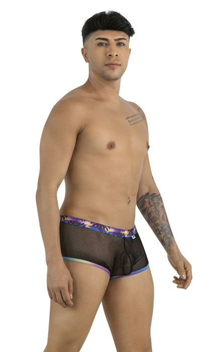 Black mesh briefs candyMan 99934 trunks with vibrant purple and blue patterned waistband for comfortable wear