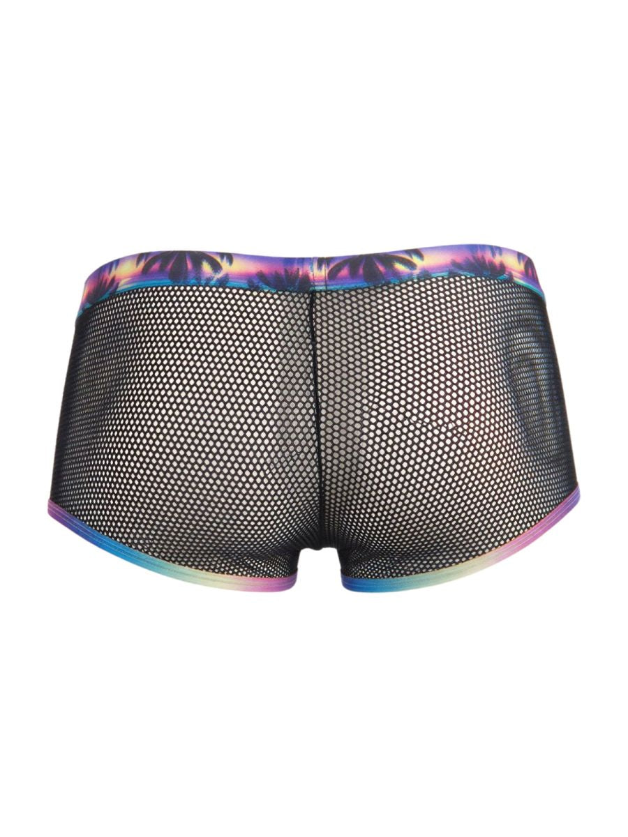 Black mesh briefs with a vibrant, iridescent rainbow trim along the waistband and leg openings.