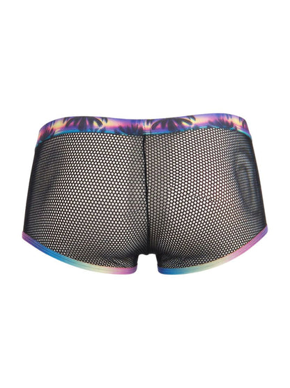 Black mesh briefs with a vibrant, iridescent rainbow trim along the waistband and leg openings.