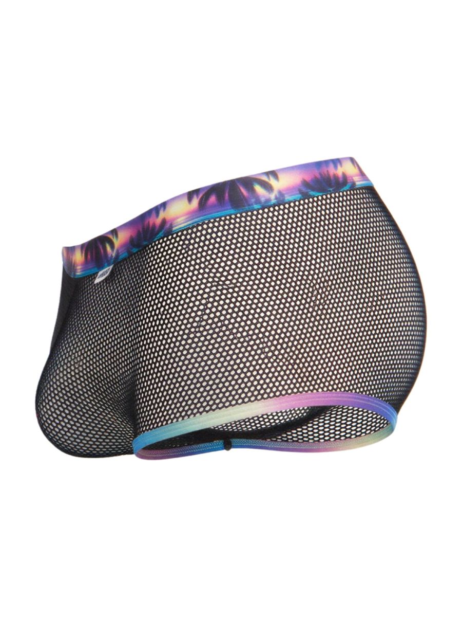 Black mesh swim trunks candyman 99934 with vibrant tropical palm tree pattern in purple blue and pink on waistband and legs