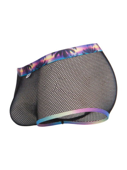 Black mesh swim trunks candyman 99934 with vibrant tropical palm tree pattern in purple blue and pink on waistband and legs