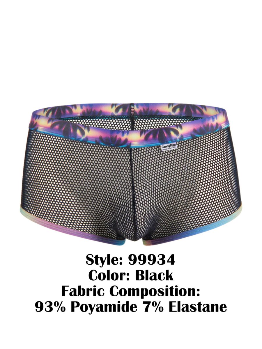 Black mesh briefs candyMan 99934 trunks with vibrant purple blue and pink tropical palm tree waistband pattern