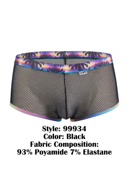 Black mesh briefs candyMan 99934 trunks with vibrant purple blue and pink tropical palm tree waistband pattern