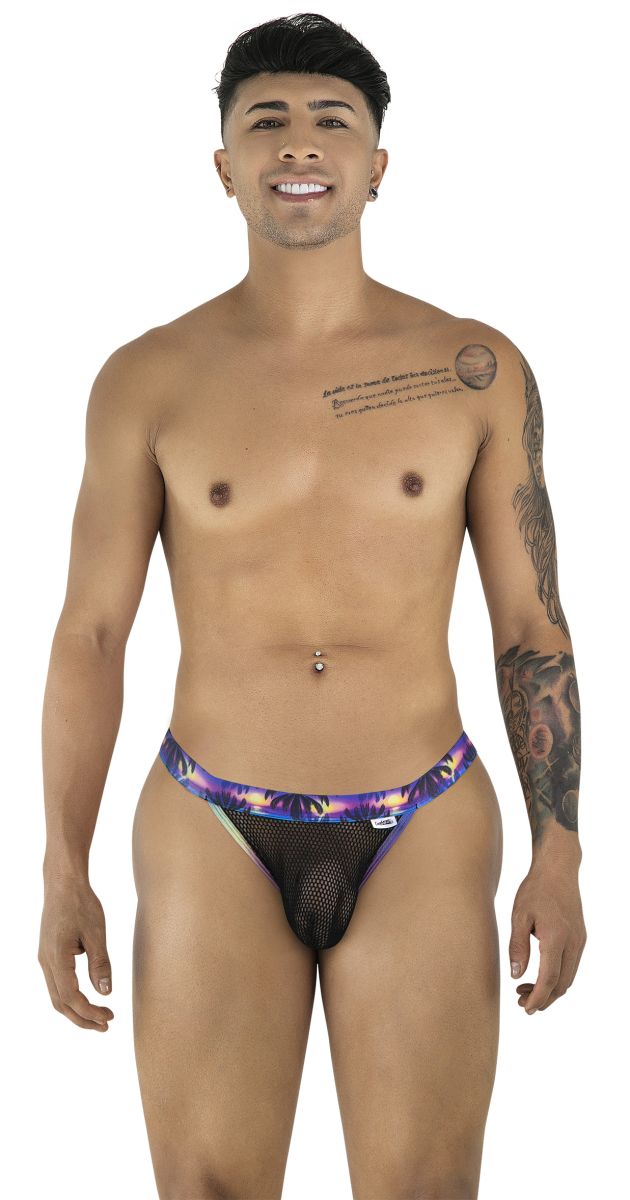 Candyman 99935 briefs in black feature purple and black mesh with a vibrant cosmic pattern waistband