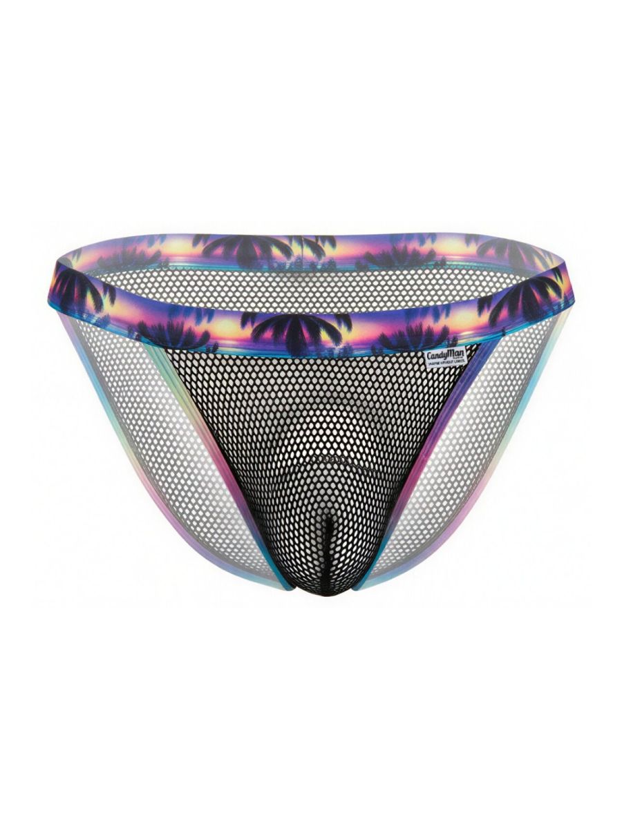 Black mesh swim trunks with vibrant tropical sunset pattern waistband candyMan 99935 briefs color black front view