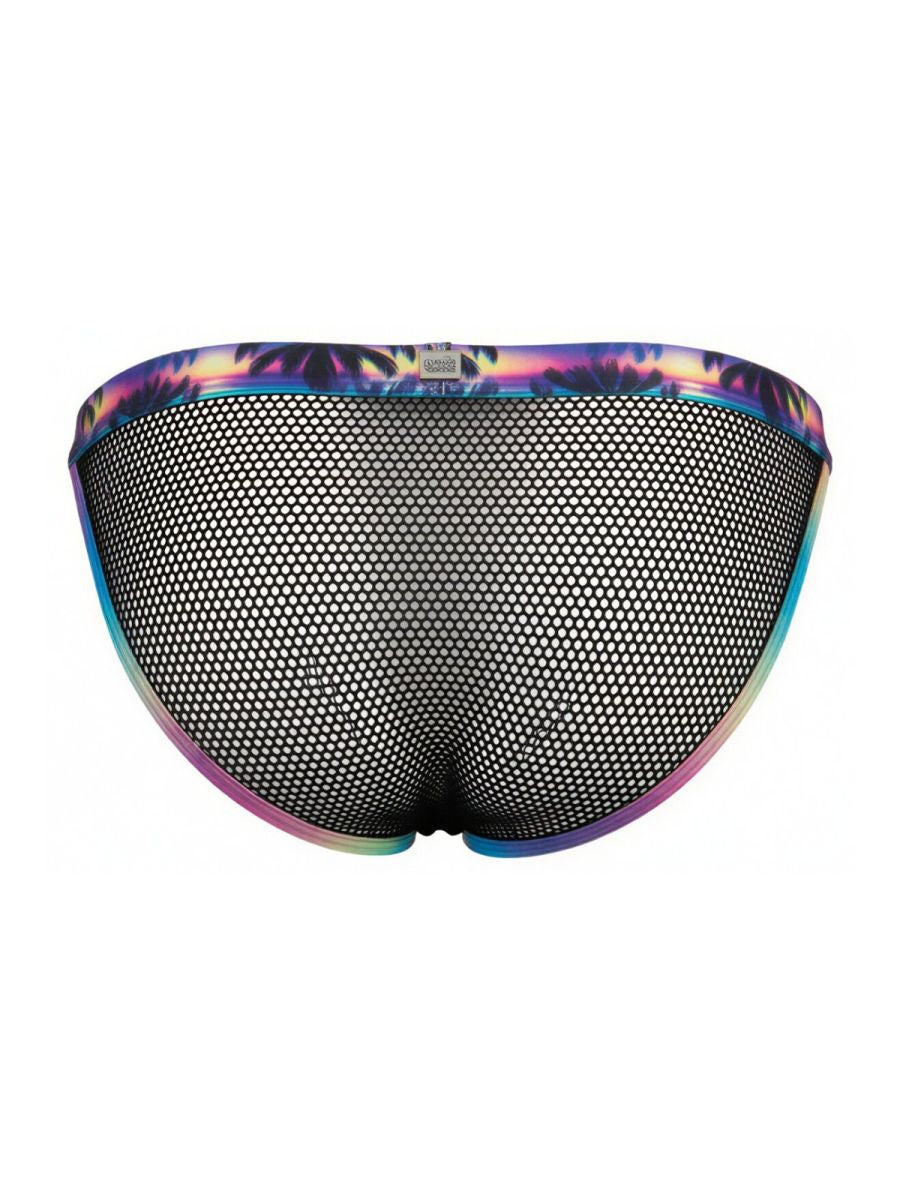 Black mesh swim trunks candyMan 99935 briefs with vibrant iridescent rainbow palm tree trim