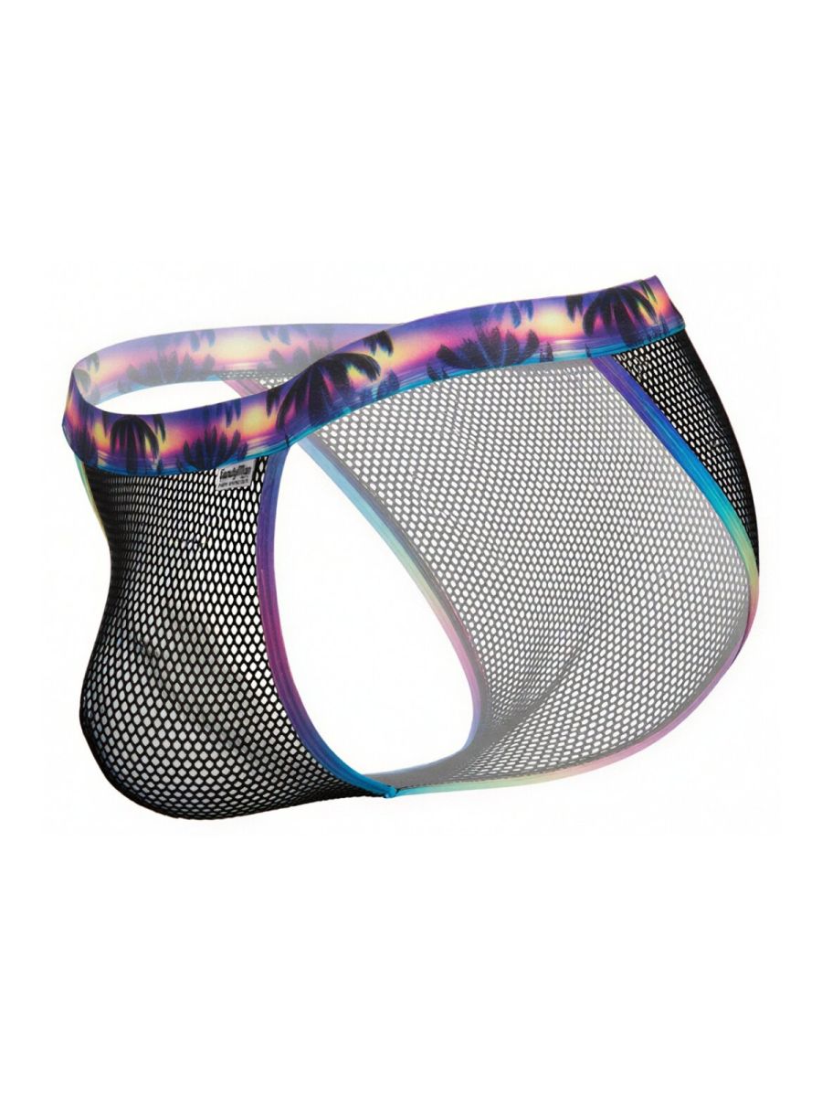 Black mesh briefs CandyMan 99935 with vibrant tropical sunset palm tree waistband and iridescent rainbow trim