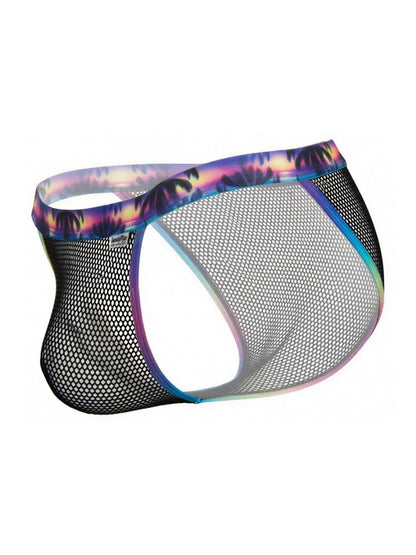 Black mesh briefs CandyMan 99935 with vibrant tropical sunset palm tree waistband and iridescent rainbow trim