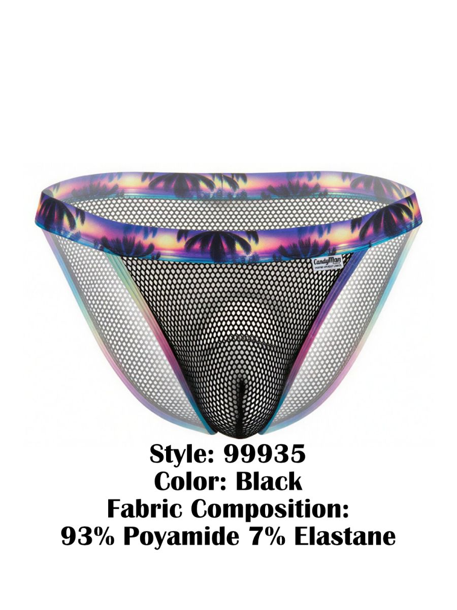 CandyMan 99935 black mesh briefs with vibrant tropical sunset and palm tree pattern on the waistband