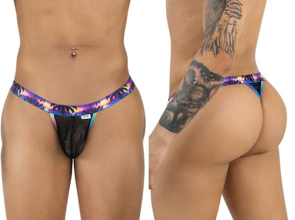 Vibrant tropical print thong with black mesh front and colorful iridescent waistband candyMan 99936 thongs color black