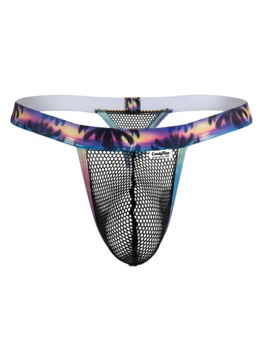 Black mesh CandyMan 99936 thong with a vibrant tropical sunset waistband featuring palm trees in purple pink orange and blue