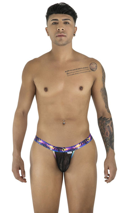 CandyMan 99936 thong with purple and blue tropical print and black mesh front panel in black color