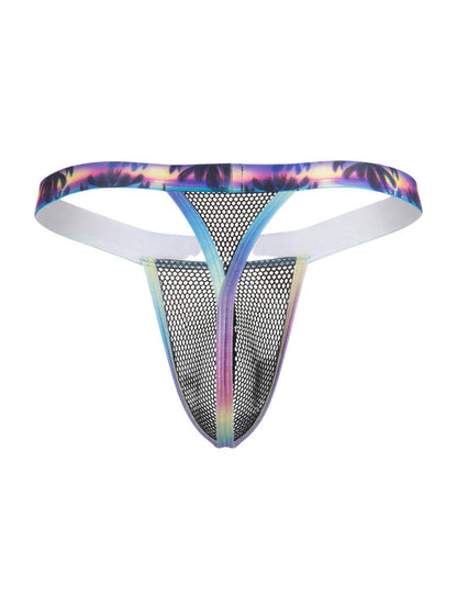 Black mesh thong candyMan 99936 with vibrant rainbow-gradient tropical palm tree pattern on elastic waistband