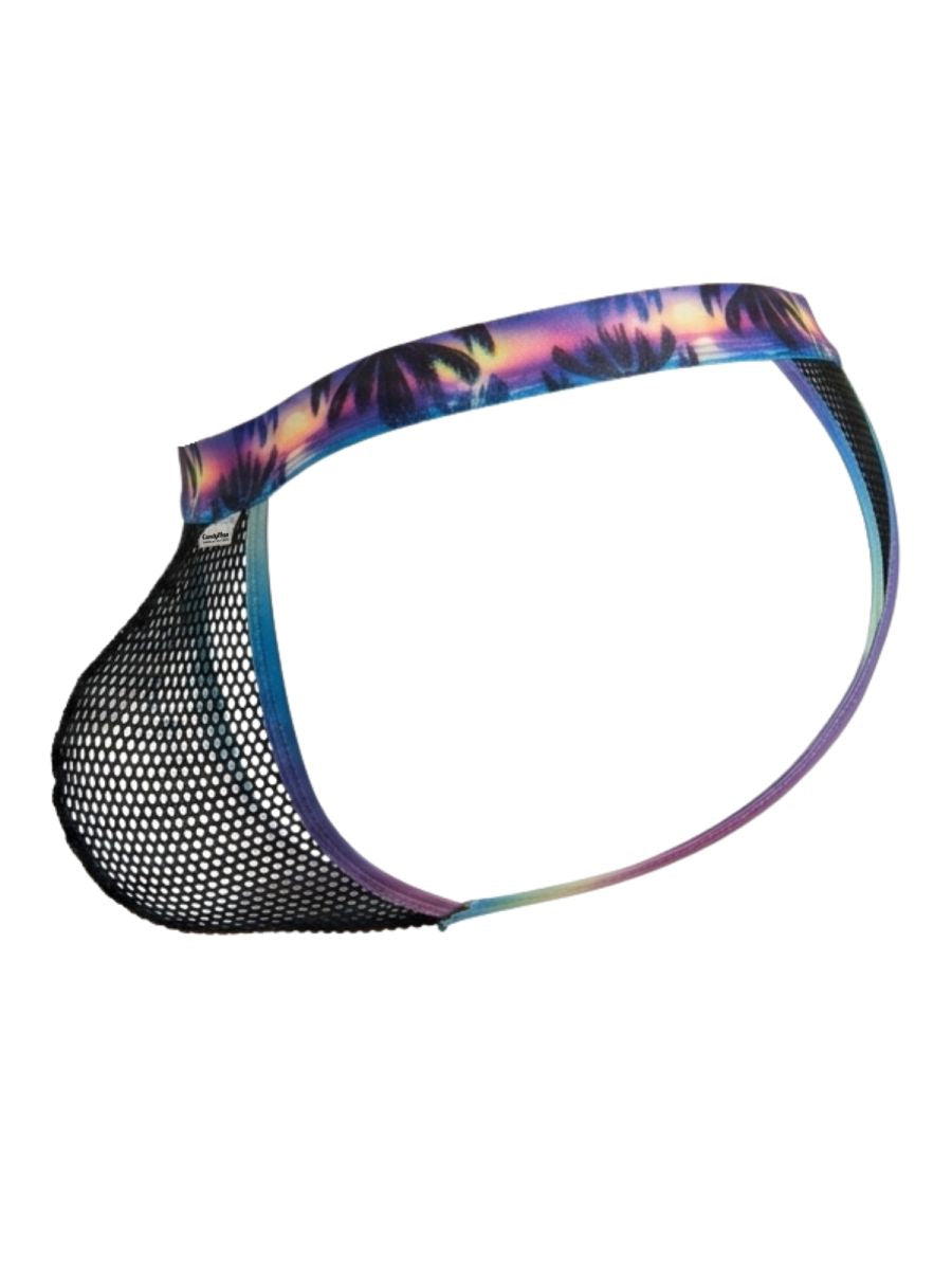 Black mesh briefs thongs with vibrant tropical sunset waistband by candyman 99936 in black color