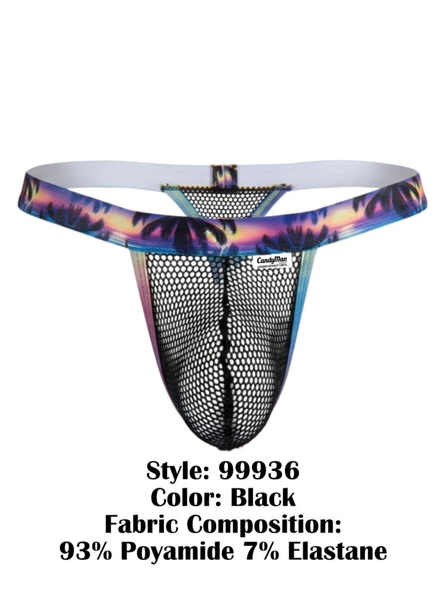 Black mesh thong with tropical palm tree waistband and white lining by candyman in model 99936 color black