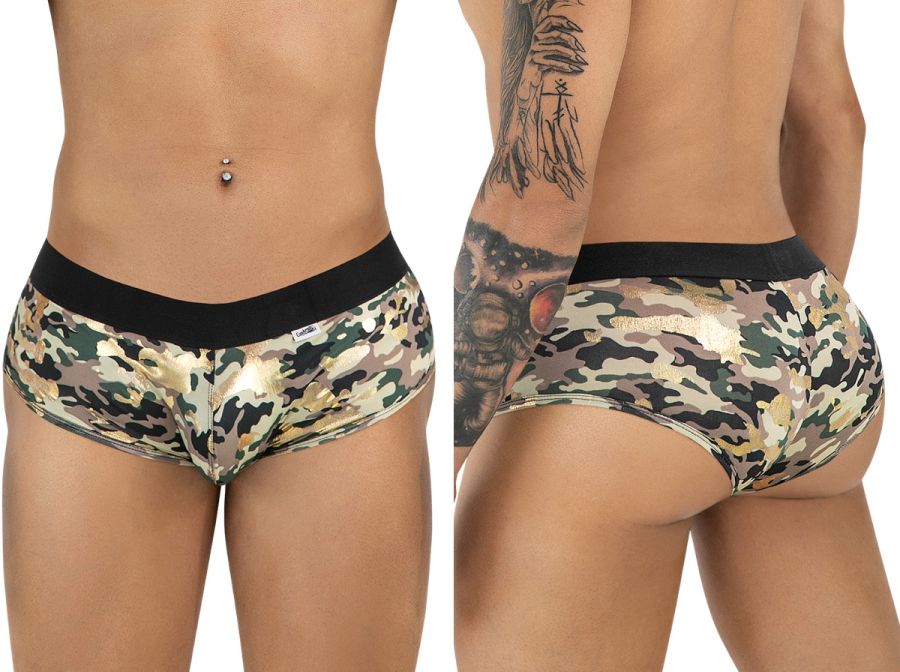 Camouflaged patterned briefs candyMan 99937 trunks with black waistband and metallic gold accents front view
