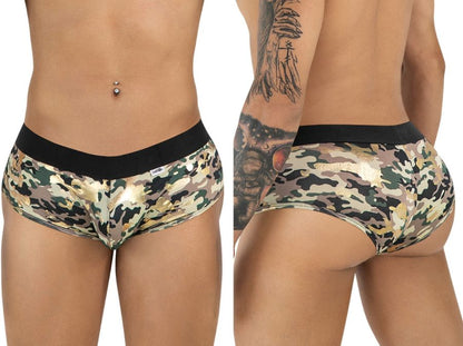 Camouflaged patterned briefs candyMan 99937 trunks with black waistband and metallic gold accents front view
