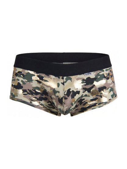 Metallic camouflage-patterned briefs with black elastic waistband candy man 99937 trunks color camo front view