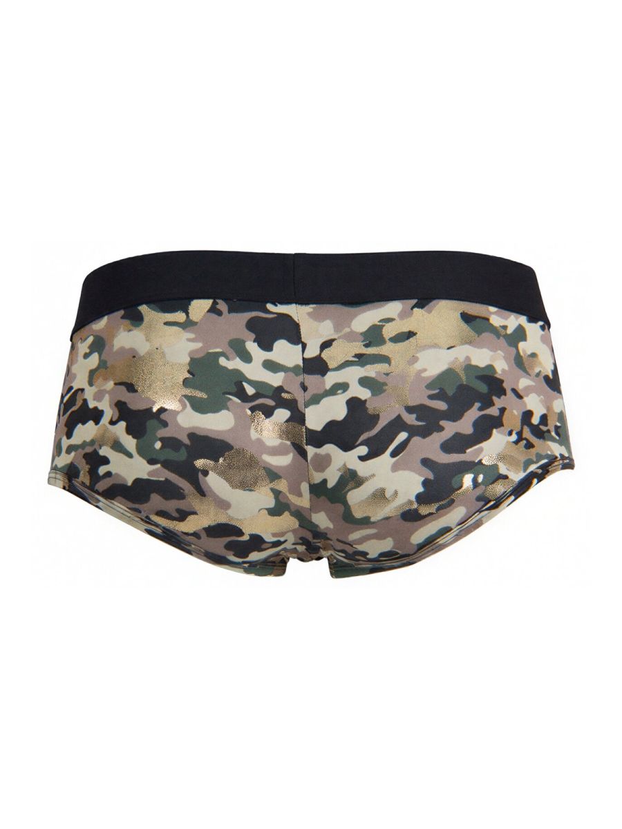 CandyMan 99937 trunks camo camouflage briefs with black waistband and metallic gold accents front view