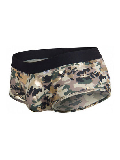 CandyMan 99937 trunks color camo men’s briefs in camouflage pattern with black waistband and metallic gold accents