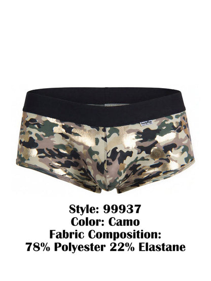 CandyMan 99937 trunks camouflage briefs with black elastic waistband and metallic gold accents front view