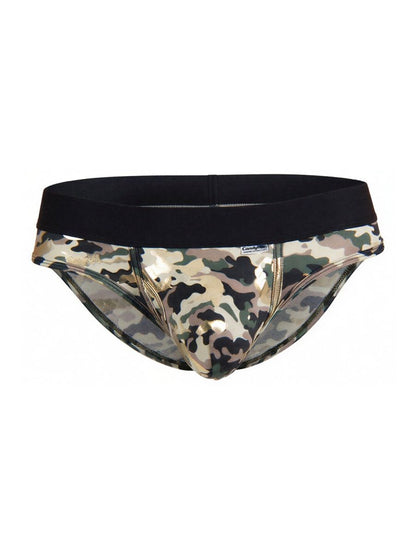 Candyman 99938 briefs camouflage patterned men’s briefs with black elastic waistband and metallic gold accents