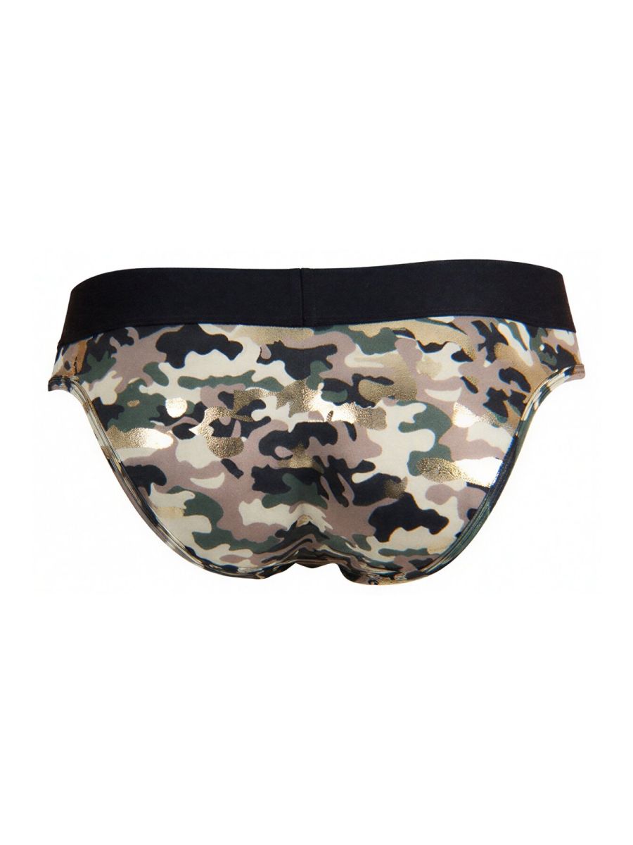 CandyMan 99938 briefs in camouflage pattern with black waistband and metallic gold accents for stylish comfort