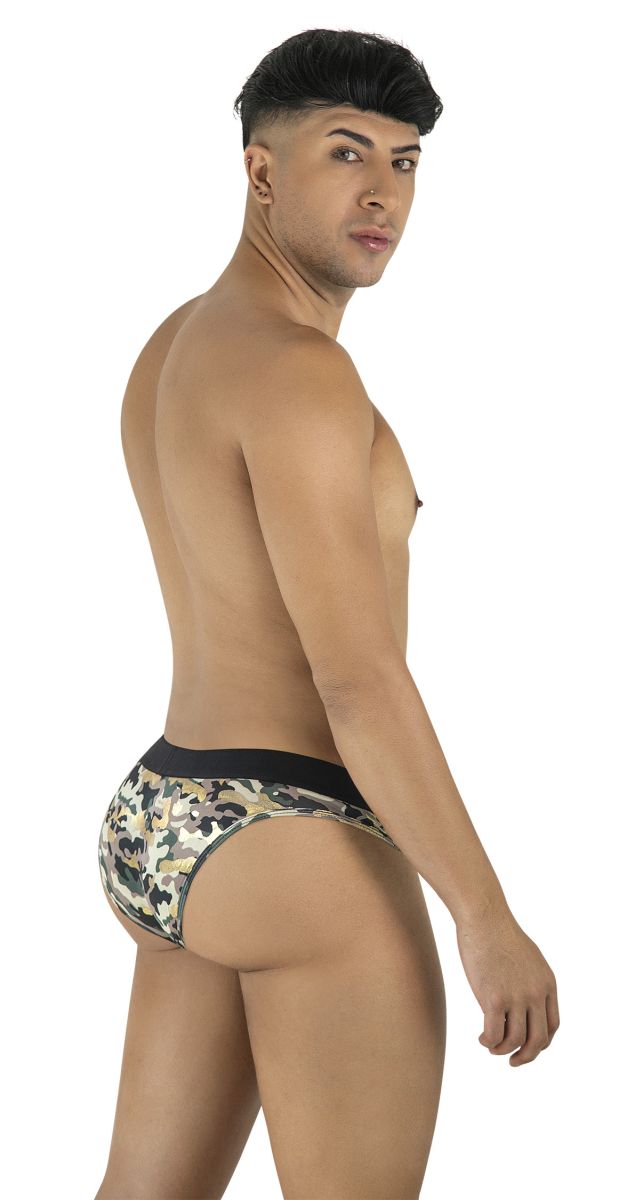 Camouflaged briefs with a solid black waistband candy man 99938 briefs color camo for comfortable everyday wear