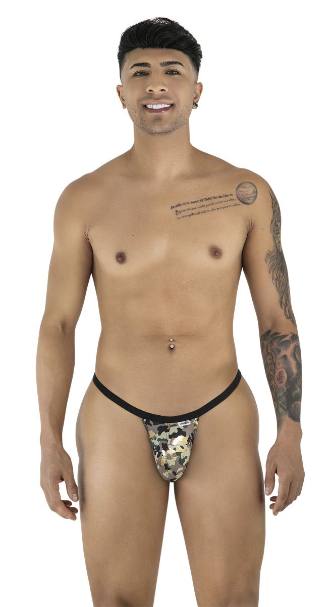 Black and camouflage-patterned CandyMan 99939 thong with snug form-fitting design shown from the back side