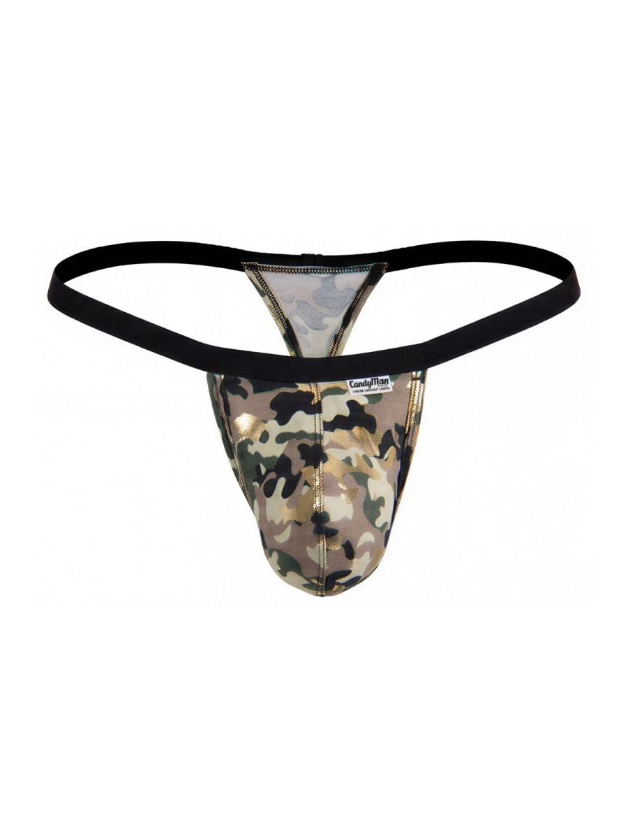 Candyman 99939 men’s camouflage thong with black elastic waistband and metallic gold trim front view