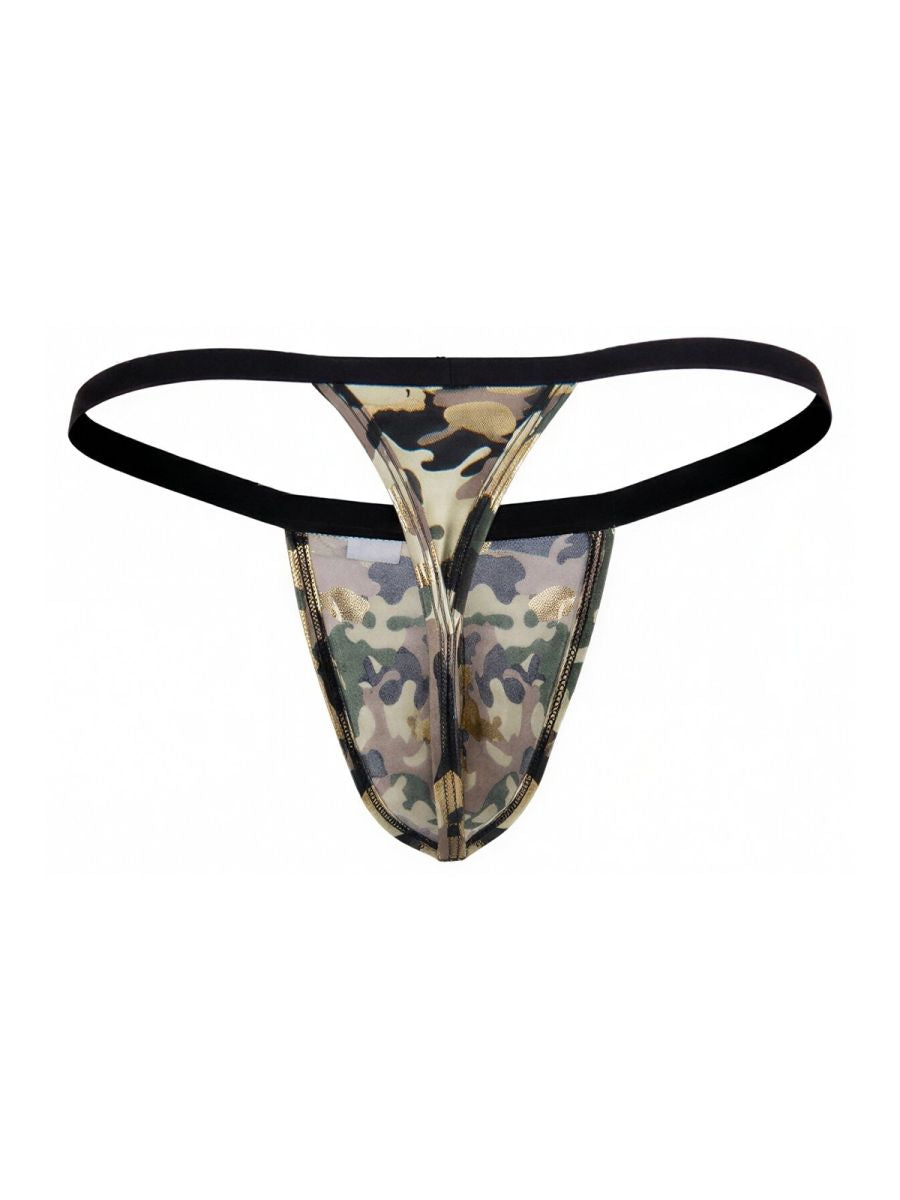 CandyMan 99939 thong in camouflage pattern with black elastic waistband and metallic zipper detail front view