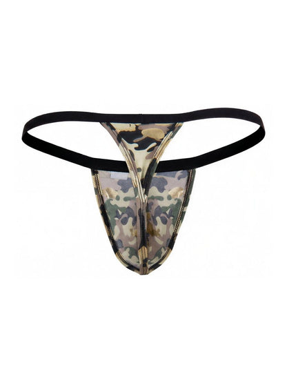 CandyMan 99939 thong in camouflage pattern with black elastic waistband and metallic zipper detail front view