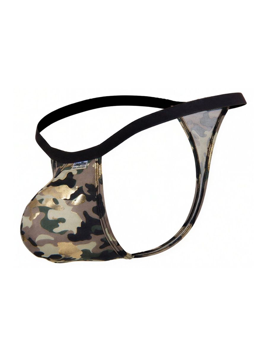 CandyMan 99939 camouflage thong with black elastic waistband and gold zipper detail showing back side view