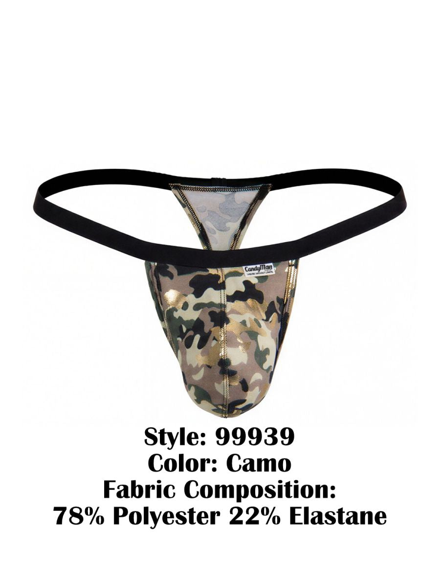 CandyMan 99939 thong in camo pattern with black elastic waistband and metallic sheen made of polyester and elastane
