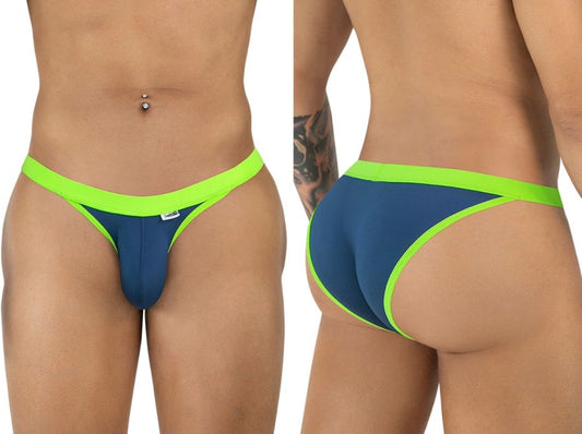 CandyMan 99941 navy bikini with bright lime green trim and elastic waistband, shown from front and back views.