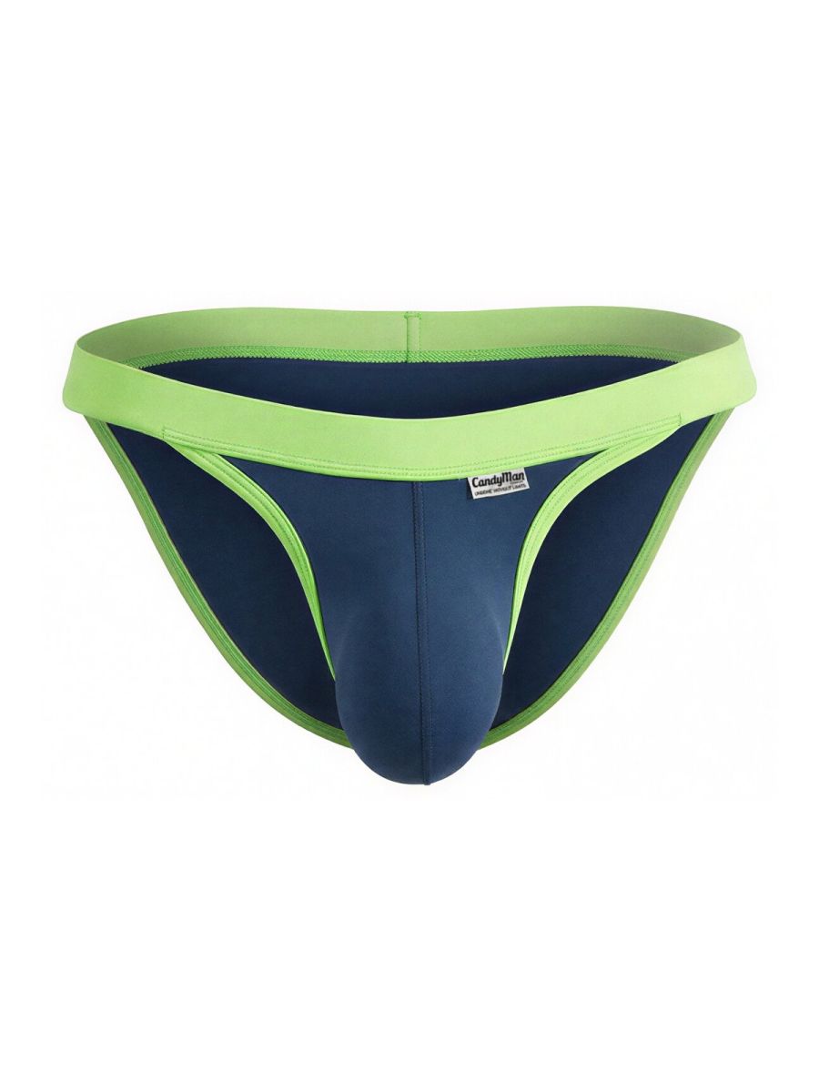 CandyMan navy bikini briefs with bright lime green contrast trim and waistband, featuring a contoured front pouch.
