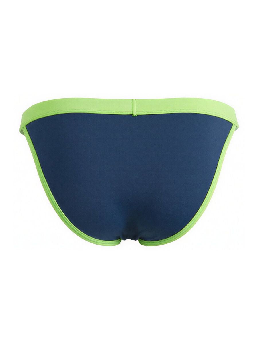 Navy blue CandyMan bikini briefs featuring a lime green waistband and matching trim along the leg openings.