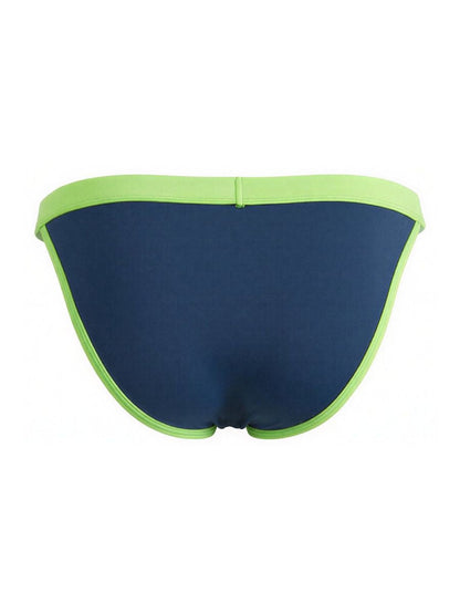 Navy blue CandyMan bikini briefs featuring a lime green waistband and matching trim along the leg openings.