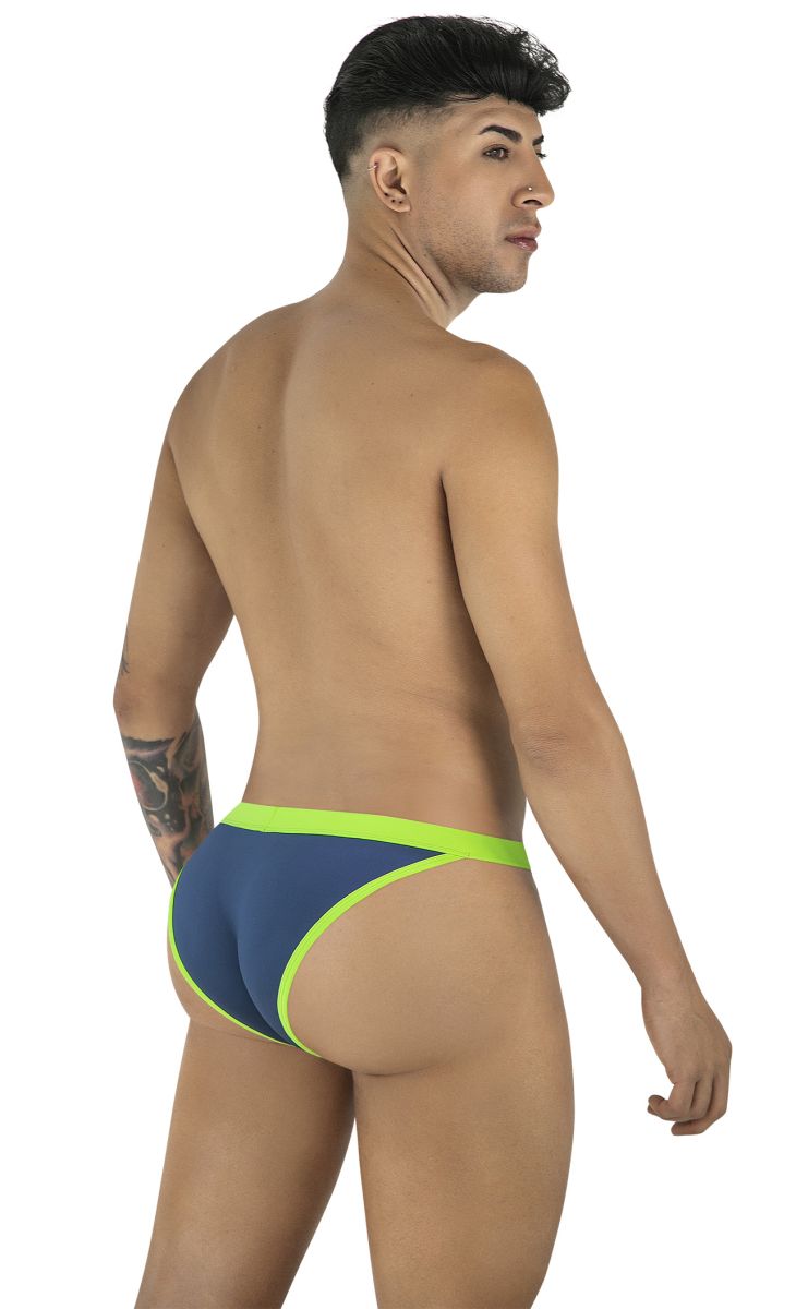 CandyMan 99941 navy bikini with lime green trim and waistband, featuring a low-cut design on a male model.