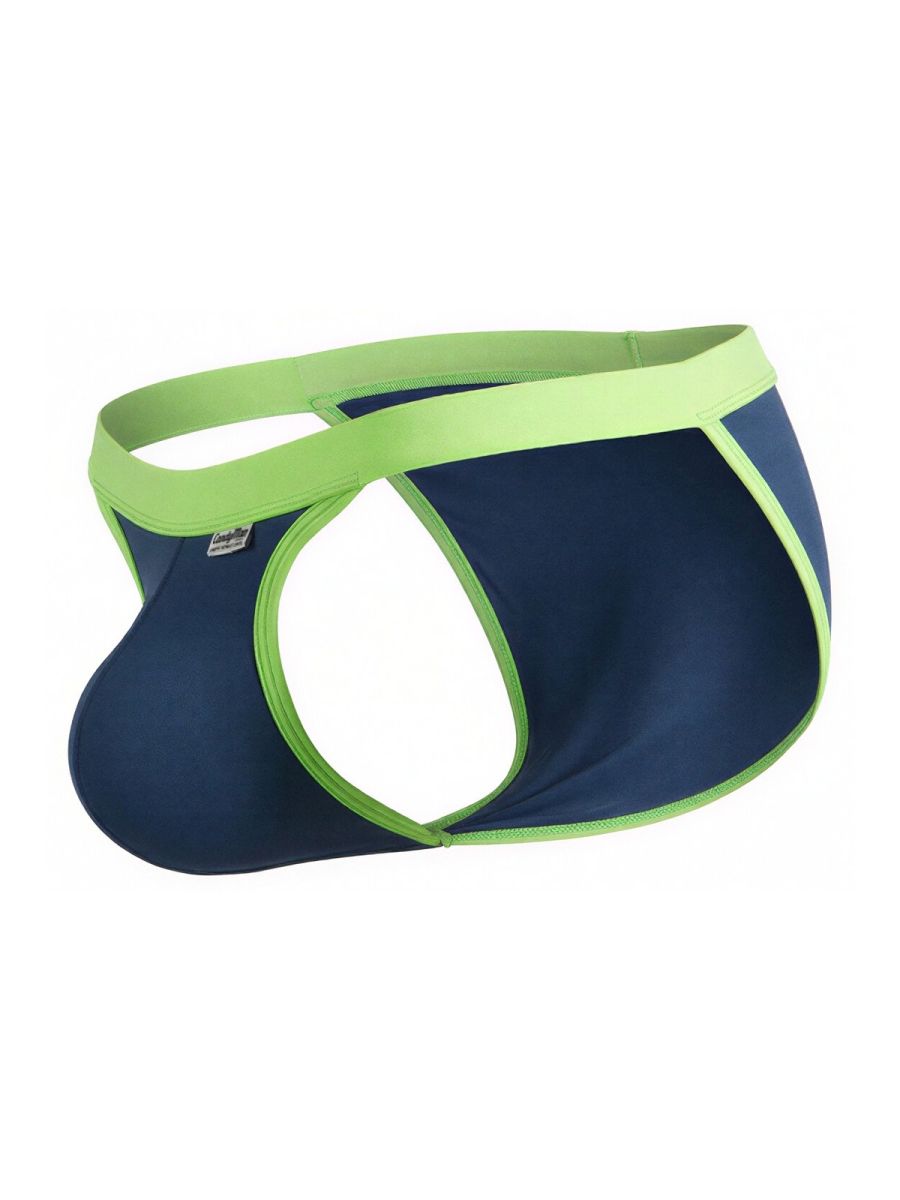 CandyMan 99941 navy bikini with lime green trim, featuring a cutout side design and a pouch.
