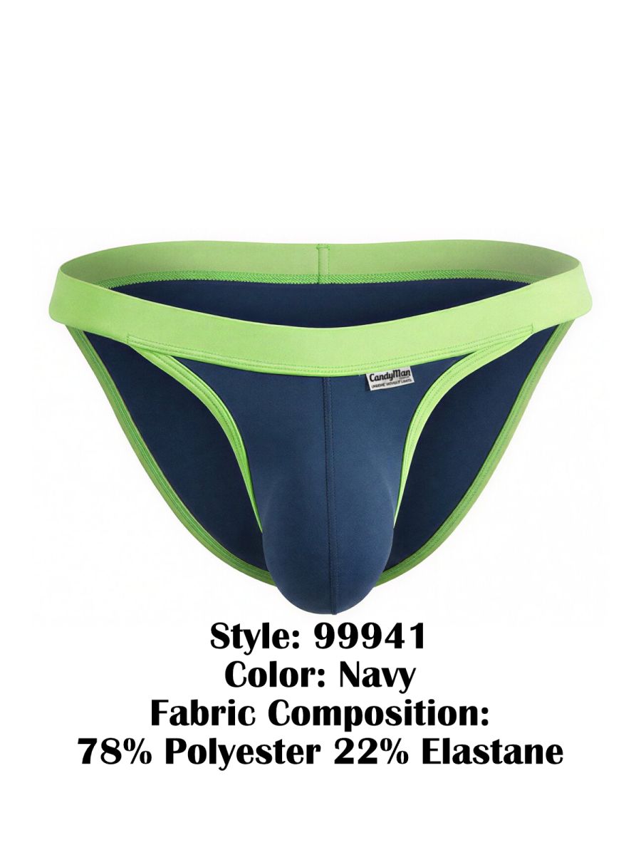 CandyMan 99941 navy bikini with bright lime green contrast trim and waistband, featuring a center front logo tag.