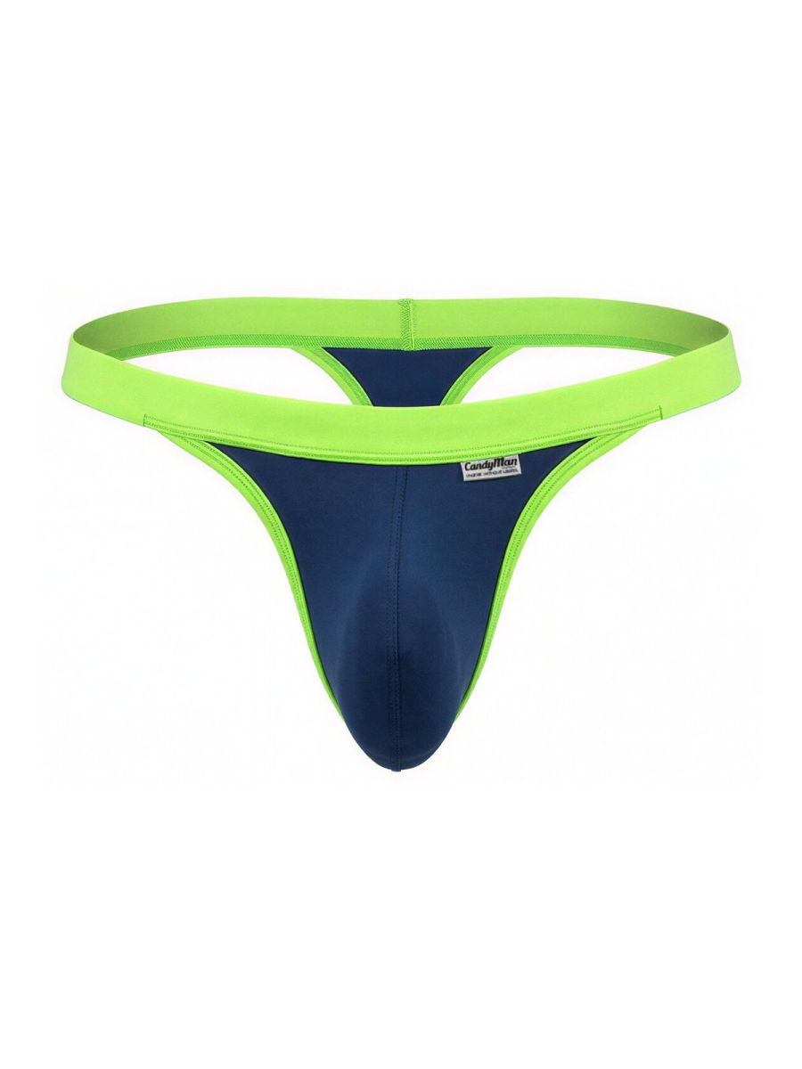 CandyMan navy blue thong with a lime green elastic waistband and trim, featuring a contoured pouch and logo label.