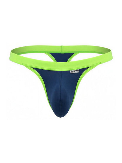 CandyMan navy blue thong with a lime green elastic waistband and trim, featuring a contoured pouch and logo label.