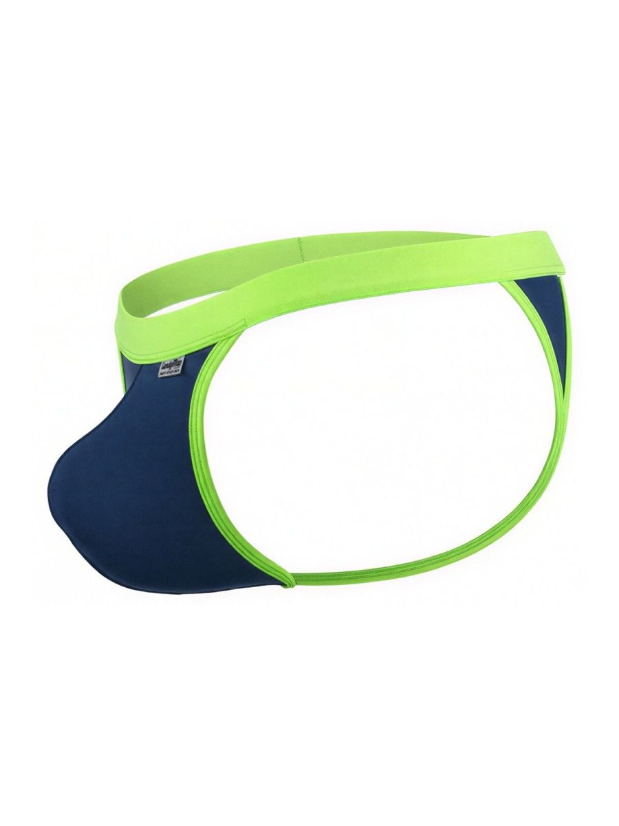 CandyMan navy blue thong with lime green trim and an elastic waistband. Side view showing open-leg design.