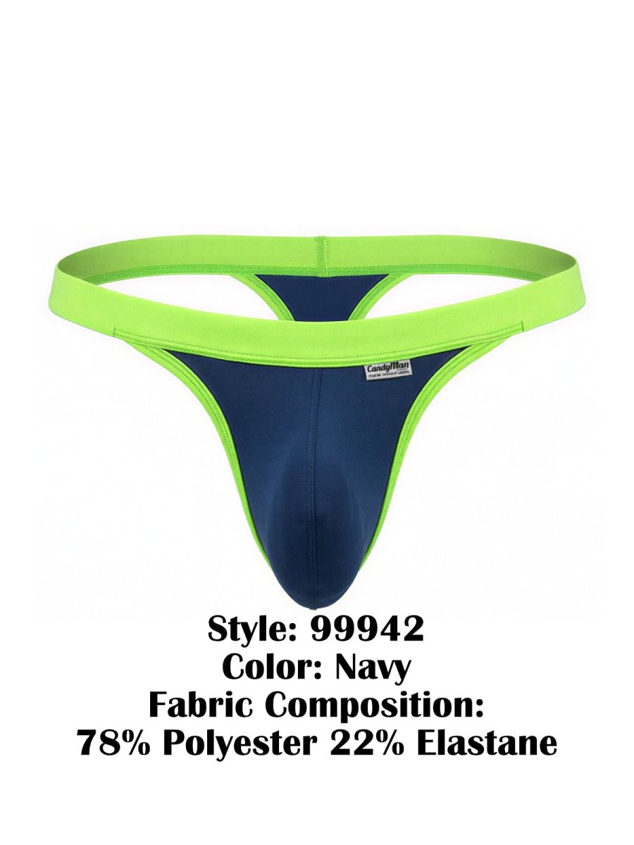 CandyMan 99942 navy thong with a lime green elastic waistband and trim, featuring a contoured front pouch.